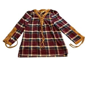 entro Plaid Fall Cabincore Red Blue Long Sleeve Cotton Lace Up Top Women Size M